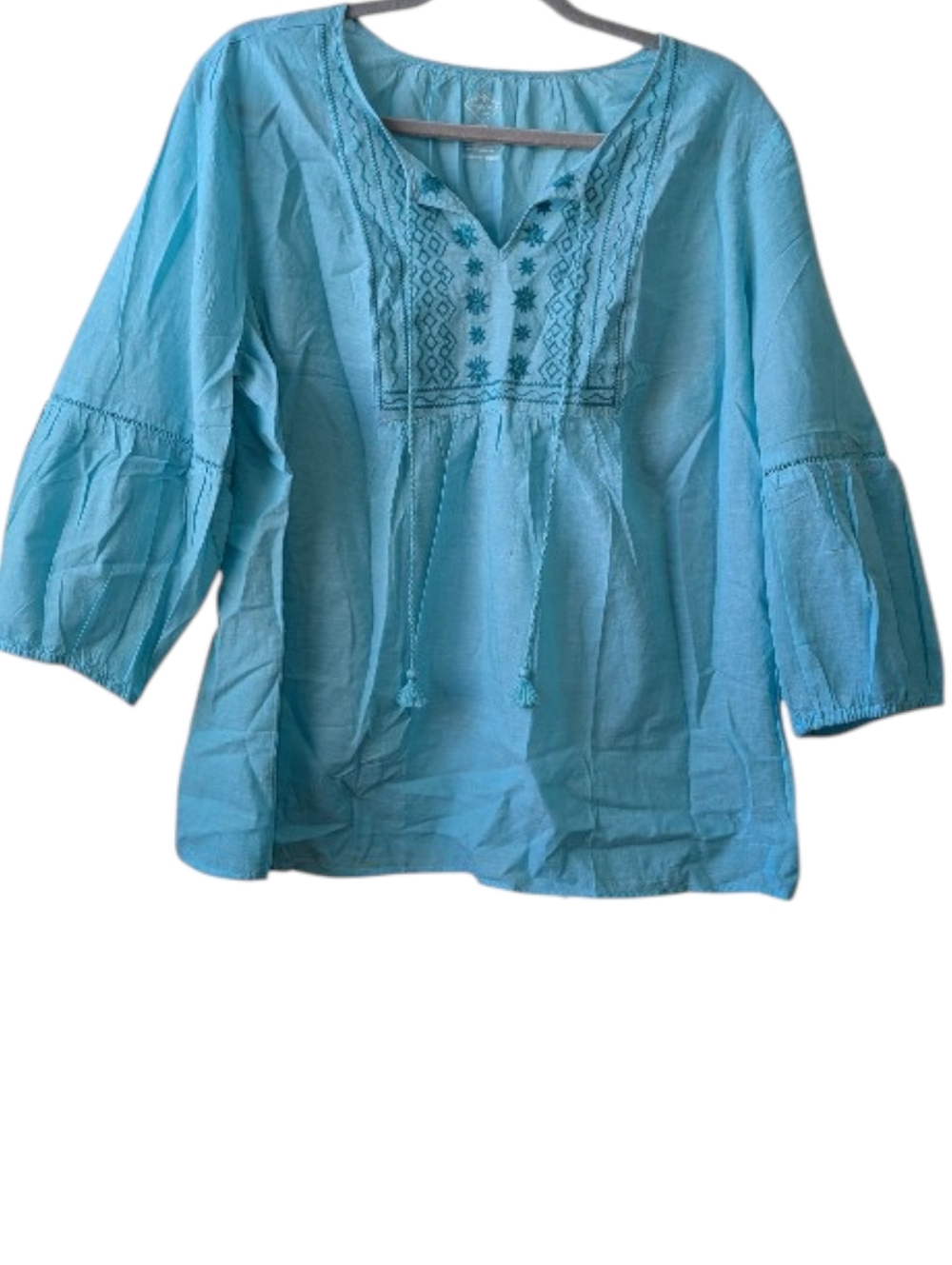 ST. JOHN'S BAY WOMEN'S TURQUOISE EMBROIDERED PEASANT BLOUSE SIZE PXL